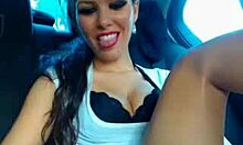Tanned girlfriend furiously masturbating in a car